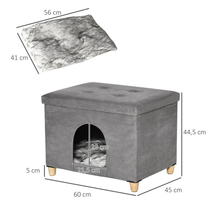 2-in-1 Cat Cave Ottoman with Removable Lid Entry Hole Washable Cushion and Elevated Wooden Legs for Indoor Use 60x45x44.5 cm Gray