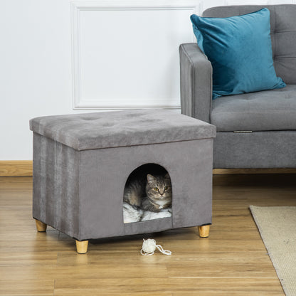 2-in-1 Cat Cave Ottoman with Removable Lid Entry Hole Washable Cushion and Elevated Wooden Legs for Indoor Use 60x45x44.5 cm Gray