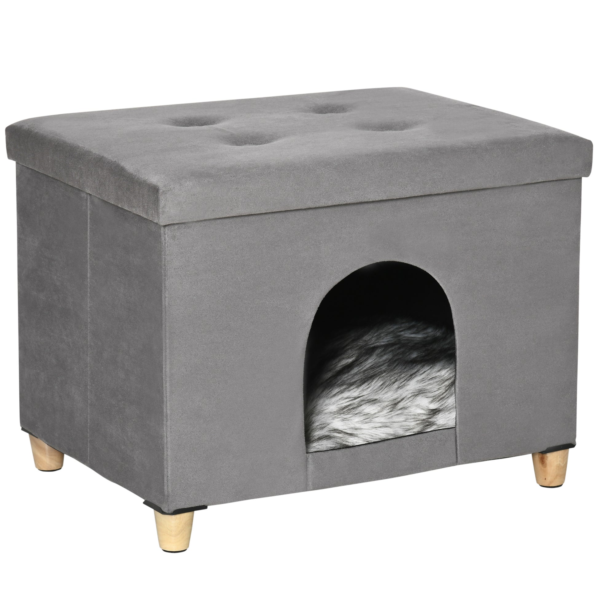 2-in-1 Cat Cave Ottoman with Removable Lid Entry Hole Washable Cushion and Elevated Wooden Legs for Indoor Use 60x45x44.5 cm Gray