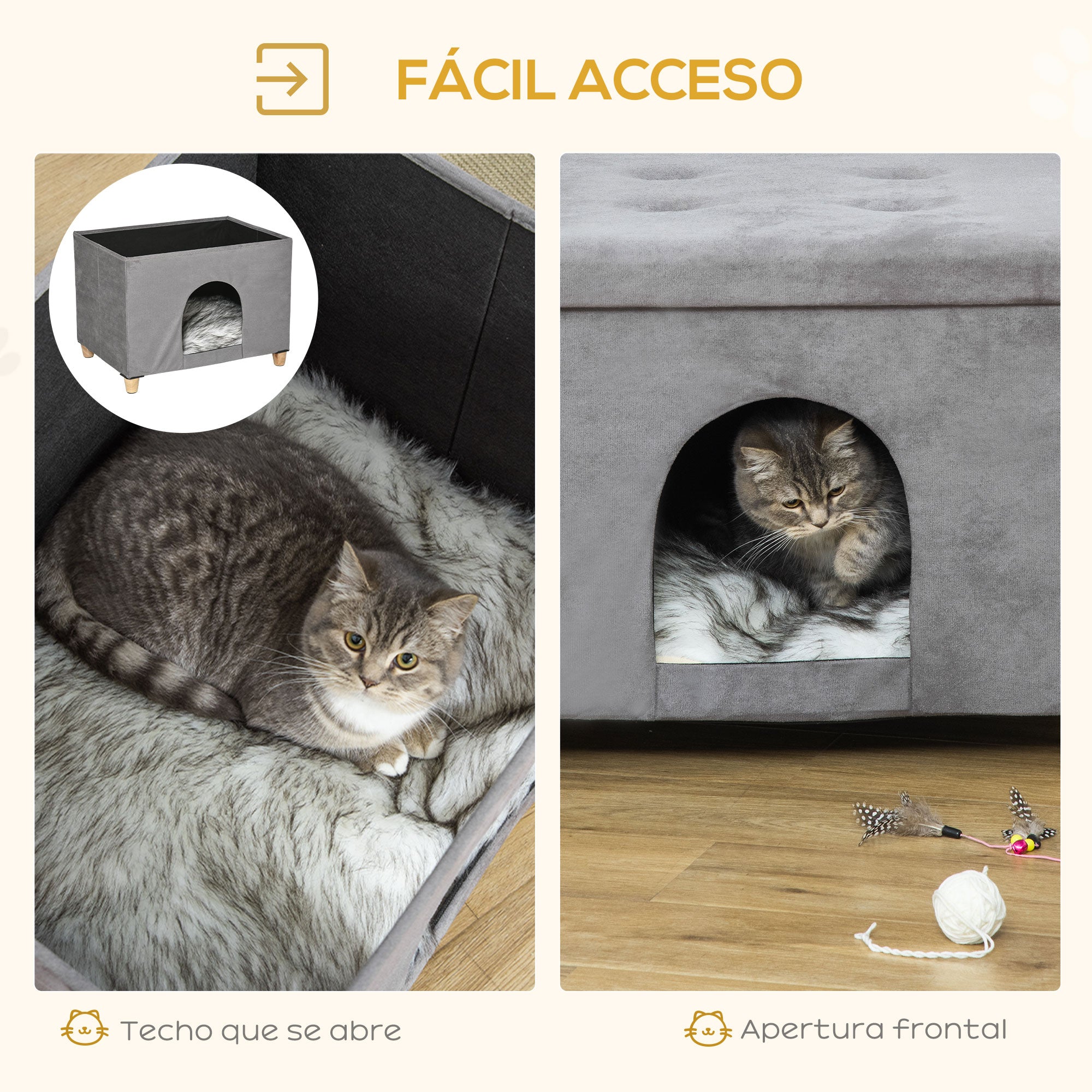 2-in-1 Cat Cave Ottoman with Removable Lid Entry Hole Washable Cushion and Elevated Wooden Legs for Indoor Use 60x45x44.5 cm Gray