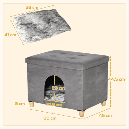2-in-1 Cat Cave Ottoman with Removable Lid Entry Hole Washable Cushion and Elevated Wooden Legs for Indoor Use 60x45x44.5 cm Gray