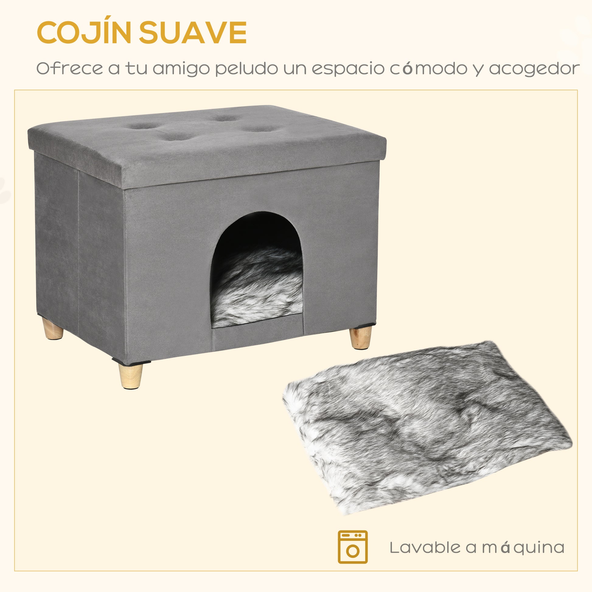 2-in-1 Cat Cave Ottoman with Removable Lid Entry Hole Washable Cushion and Elevated Wooden Legs for Indoor Use 60x45x44.5 cm Gray