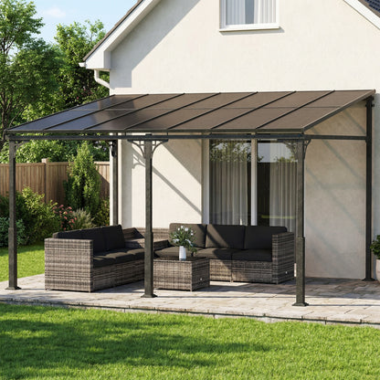 4 x 3 m Wall-Mounted Pergola with 7 mm Polycarbonate Roof — Metal & Aluminum Garden Gazebo, UV Protection, Brown
