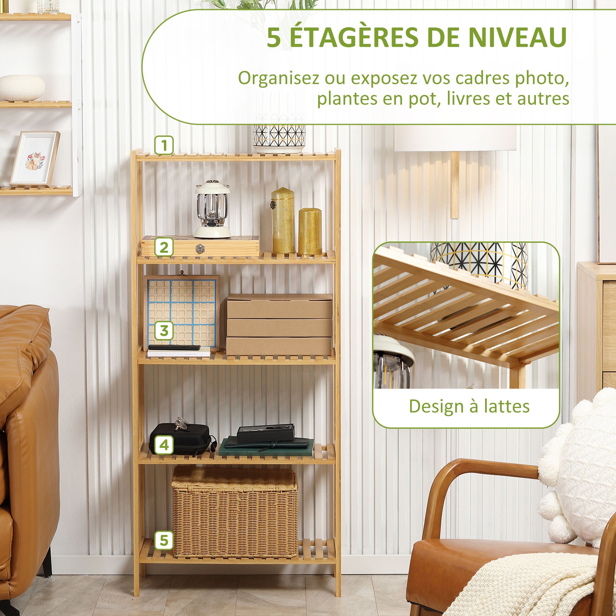 Storage Shelf, 5-Tier Bamboo Shelf, Bookcase for Living Room, Bedroom, and Office, 60 x 26 x 130 cm, Natural Wood