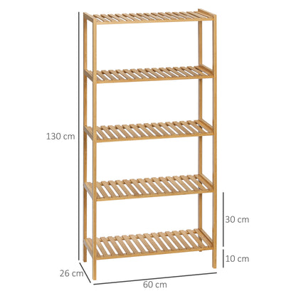Storage Shelf, 5-Tier Bamboo Shelf, Bookcase for Living Room, Bedroom, and Office, 60 x 26 x 130 cm, Natural Wood
