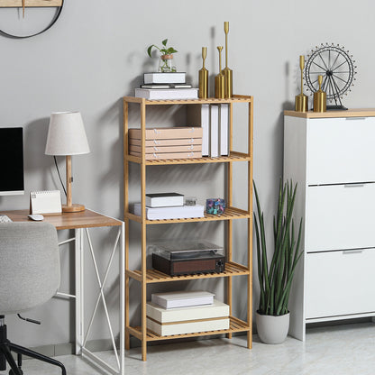 Storage Shelf, 5-Tier Bamboo Shelf, Bookcase for Living Room, Bedroom, and Office, 60 x 26 x 130 cm, Natural Wood