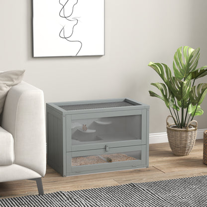 2-Level Wooden Hamster Cage Small Animal House with Platforms Ladders 60x35x42 cm Gray