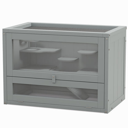 2-Level Wooden Hamster Cage Small Animal House with Platforms Ladders 60x35x42 cm Gray