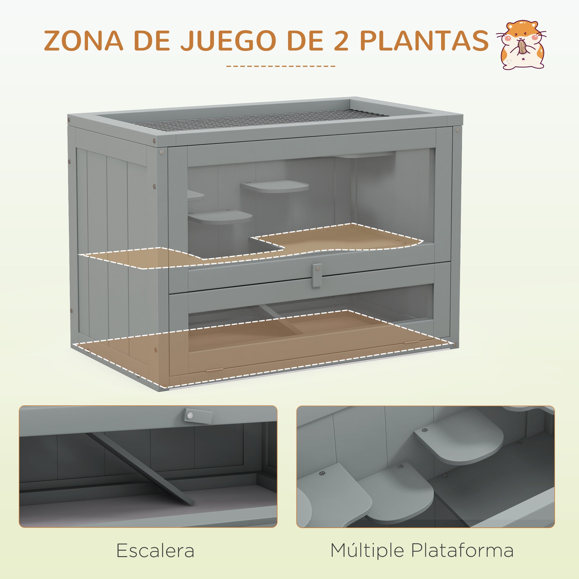 2-Level Wooden Hamster Cage Small Animal House with Platforms Ladders 60x35x42 cm Gray