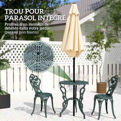 2-Seater Garden Set, 2 Chairs + Round Table Neo-Retro Style Rose Pattern Sleek Lines Aluminum Antique Green