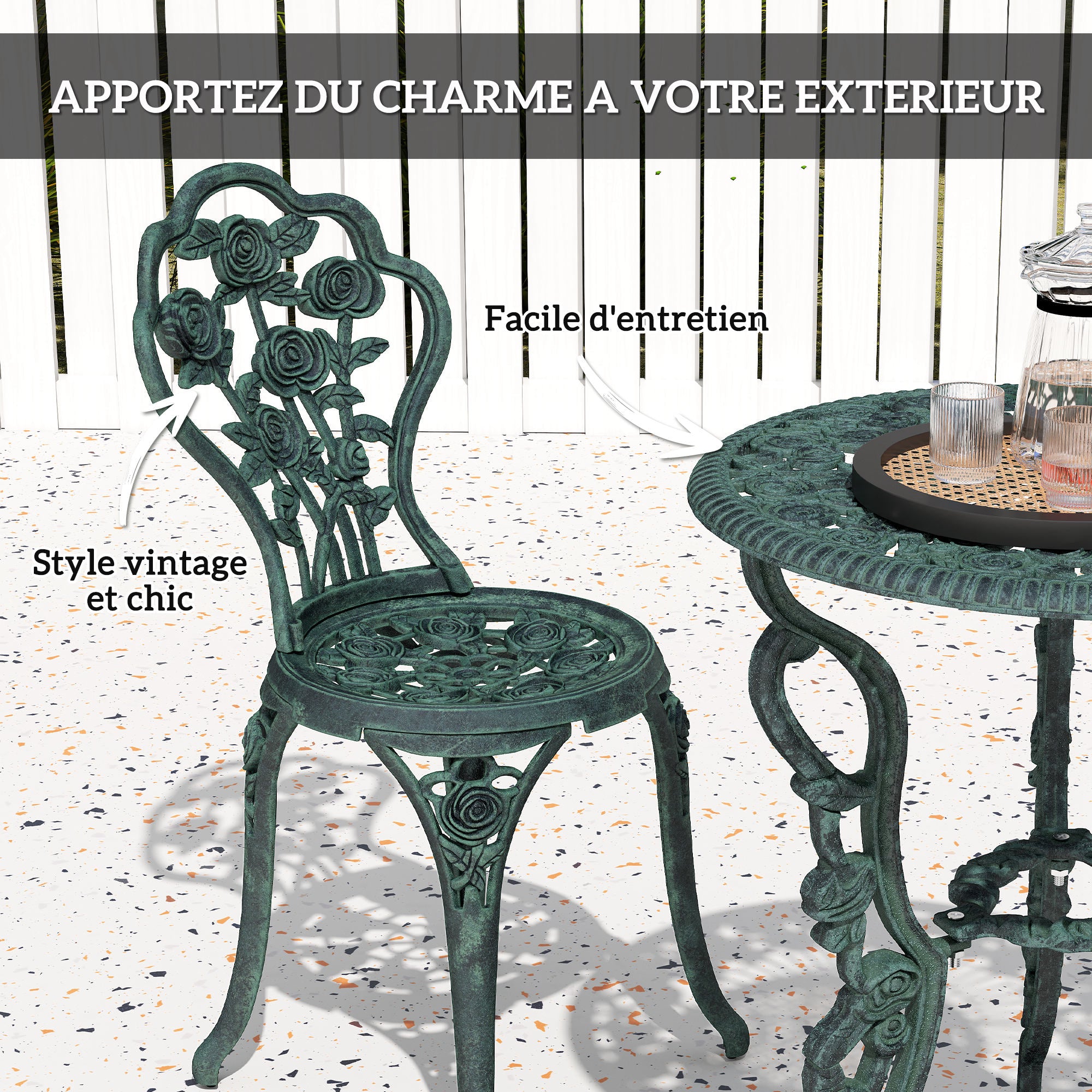 2-Seater Garden Set, 2 Chairs + Round Table Neo-Retro Style Rose Pattern Sleek Lines Aluminum Antique Green