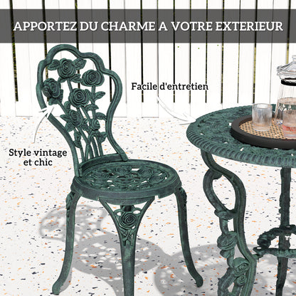 2-Seater Garden Set, 2 Chairs + Round Table Neo-Retro Style Rose Pattern Sleek Lines Aluminum Antique Green