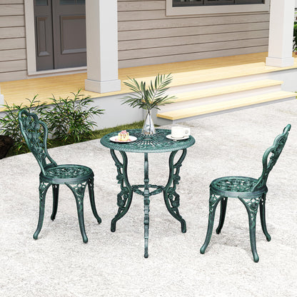 2-Seater Garden Set, 2 Chairs + Round Table Neo-Retro Style Rose Pattern Sleek Lines Aluminum Antique Green