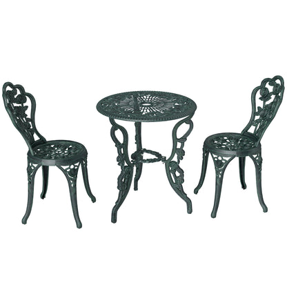 2-Seater Garden Set, 2 Chairs + Round Table Neo-Retro Style Rose Pattern Sleek Lines Aluminum Antique Green