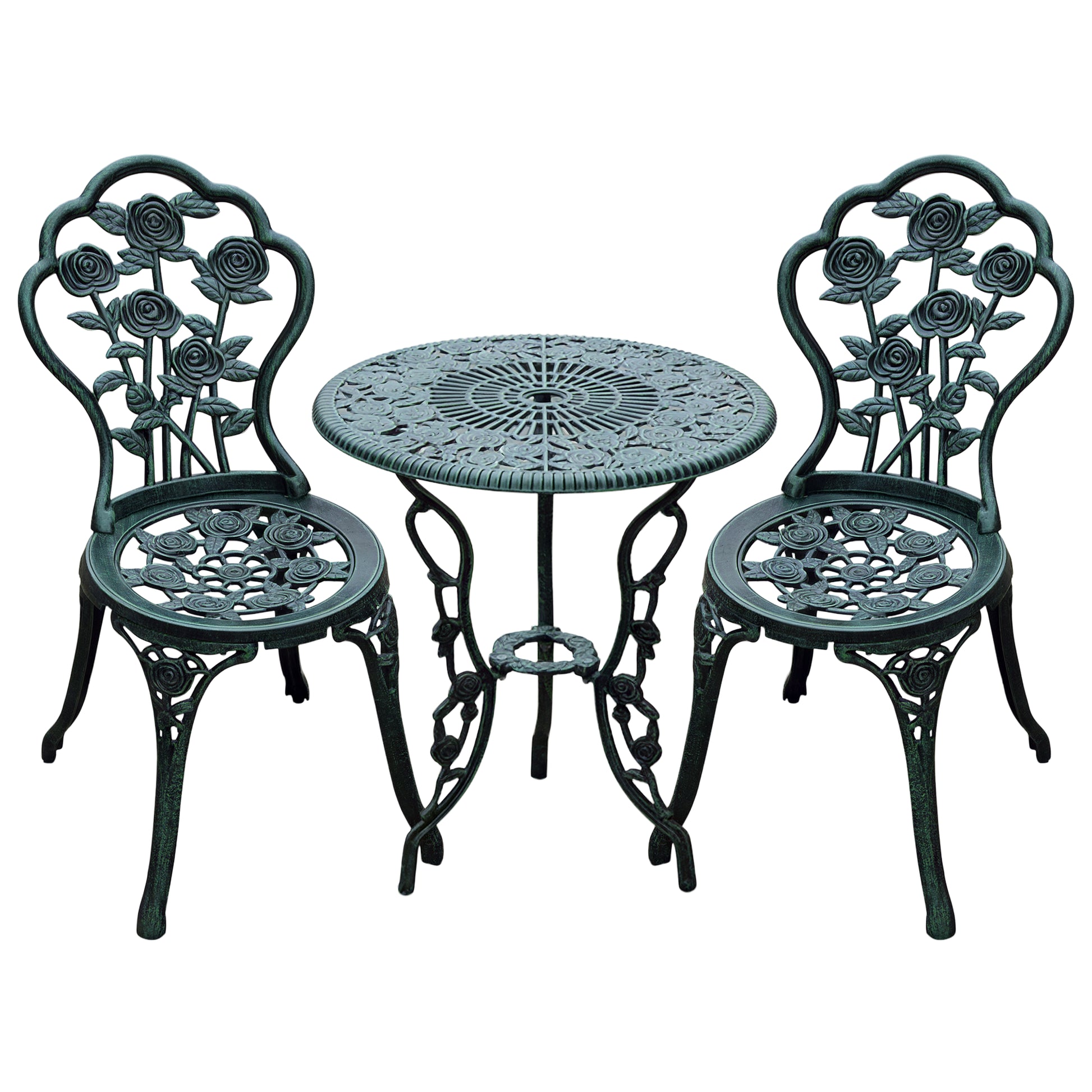 2-Seater Garden Set, 2 Chairs + Round Table Neo-Retro Style Rose Pattern Sleek Lines Aluminum Antique Green