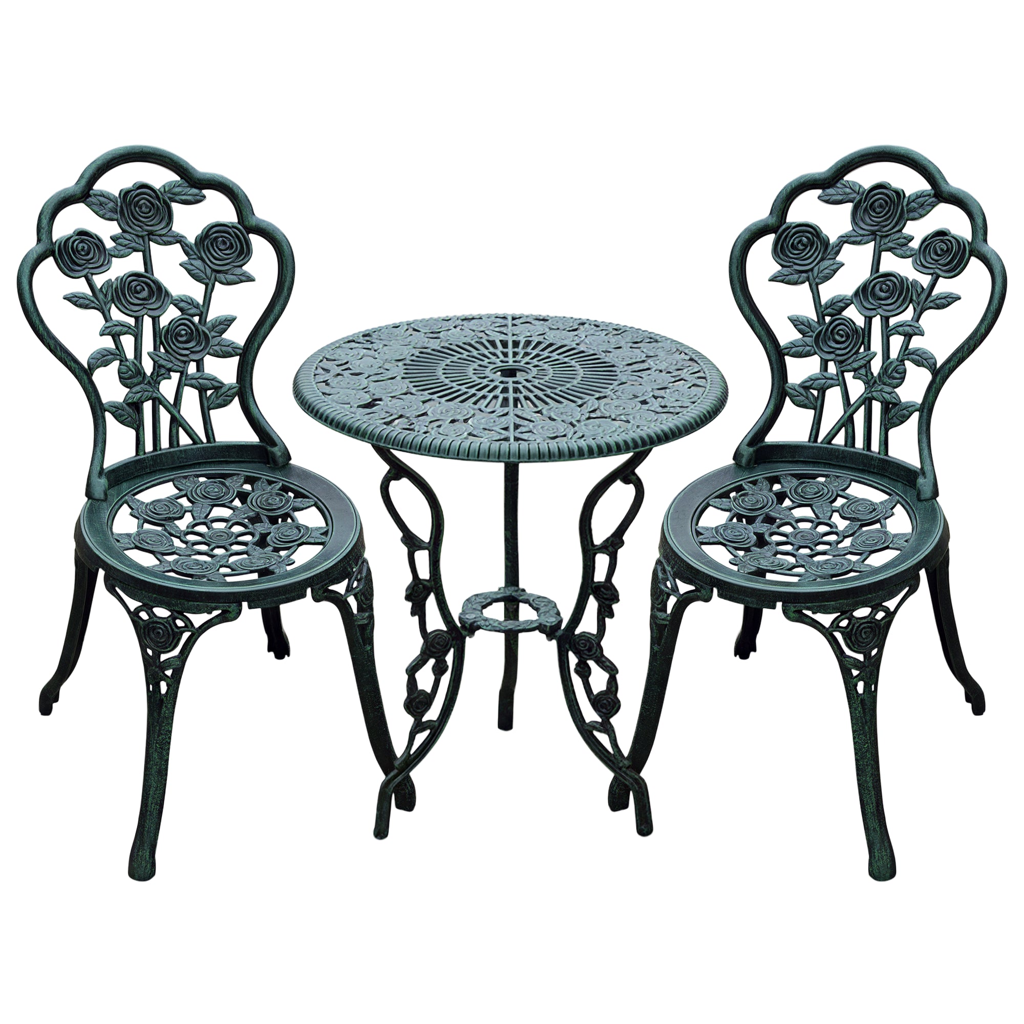 2-Seater Garden Set, 2 Chairs + Round Table Neo-Retro Style Rose Pattern Sleek Lines Aluminum Antique Green
