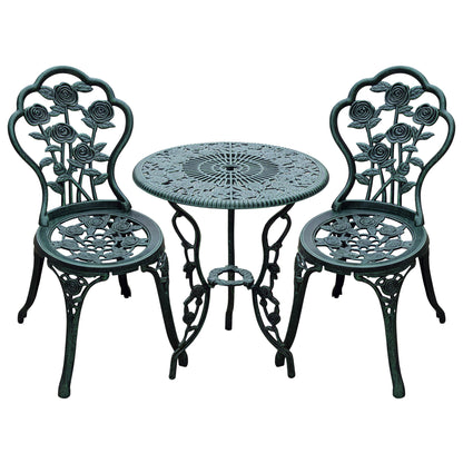 2-Seater Garden Set, 2 Chairs + Round Table Neo-Retro Style Rose Pattern Sleek Lines Aluminum Antique Green