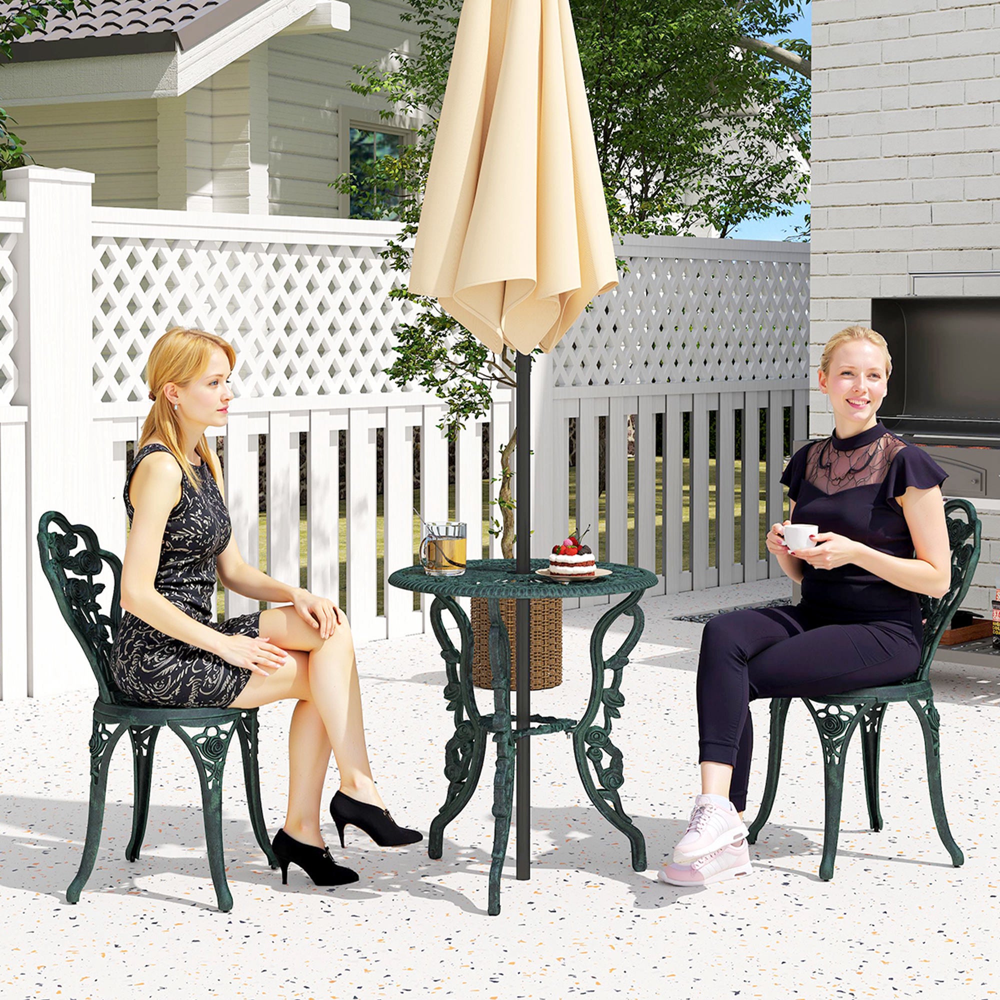 2-Seater Garden Set, 2 Chairs + Round Table Neo-Retro Style Rose Pattern Sleek Lines Aluminum Antique Green