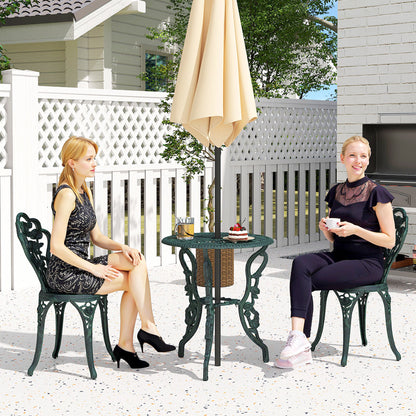 2-Seater Garden Set, 2 Chairs + Round Table Neo-Retro Style Rose Pattern Sleek Lines Aluminum Antique Green