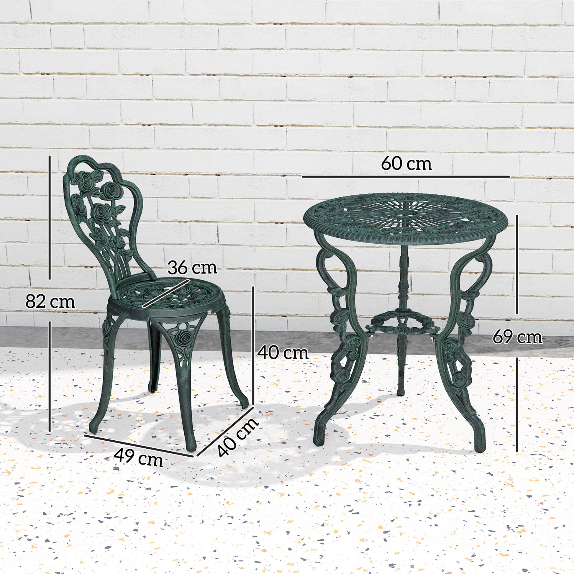 2-Seater Garden Set, 2 Chairs + Round Table Neo-Retro Style Rose Pattern Sleek Lines Aluminum Antique Green