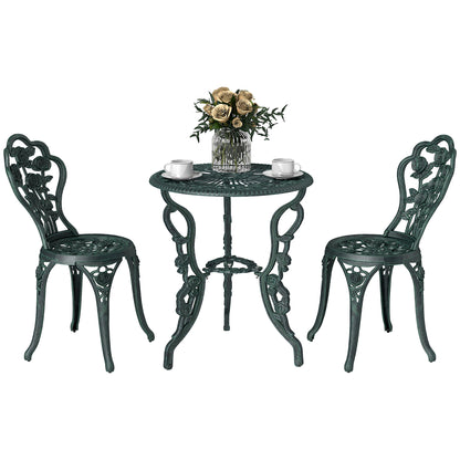 2-Seater Garden Set, 2 Chairs + Round Table Neo-Retro Style Rose Pattern Sleek Lines Aluminum Antique Green