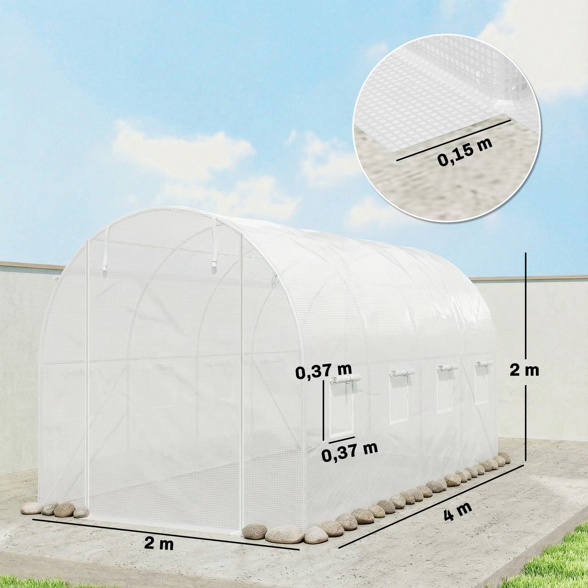 4 x 2 m Greenhouse Cover, Waterproof PE Garden Cover with Zippered Roll-Up Door, 8 Windows, UV Protection, Tear-Resistant Polyethylene, Tunnel Greenhouse Cover, White