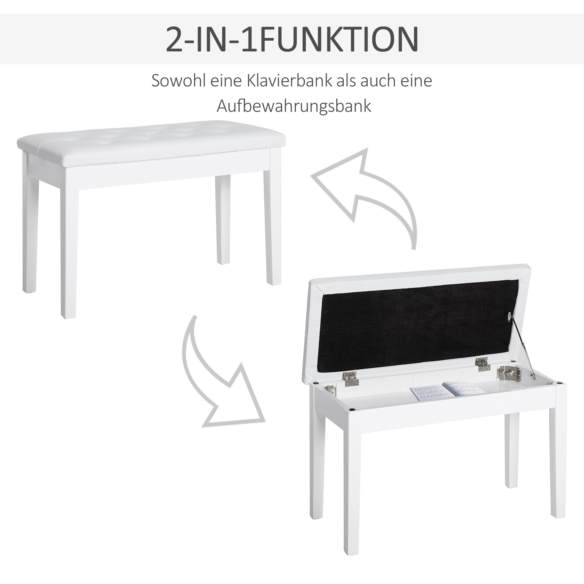 Piano Bench with Hidden Storage, Piano Stool with Faux Leather Cushion, Pianobench, Solid Wood Keyboard Bench for Piano, Keyboard, 76 x 36 x 50 cm, White