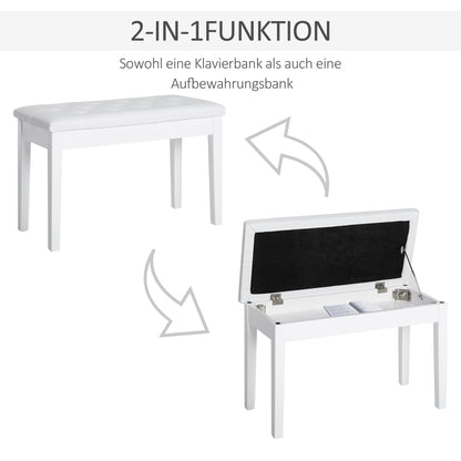 Piano Bench with Hidden Storage, Piano Stool with Faux Leather Cushion, Pianobench, Solid Wood Keyboard Bench for Piano, Keyboard, 76 x 36 x 50 cm, White