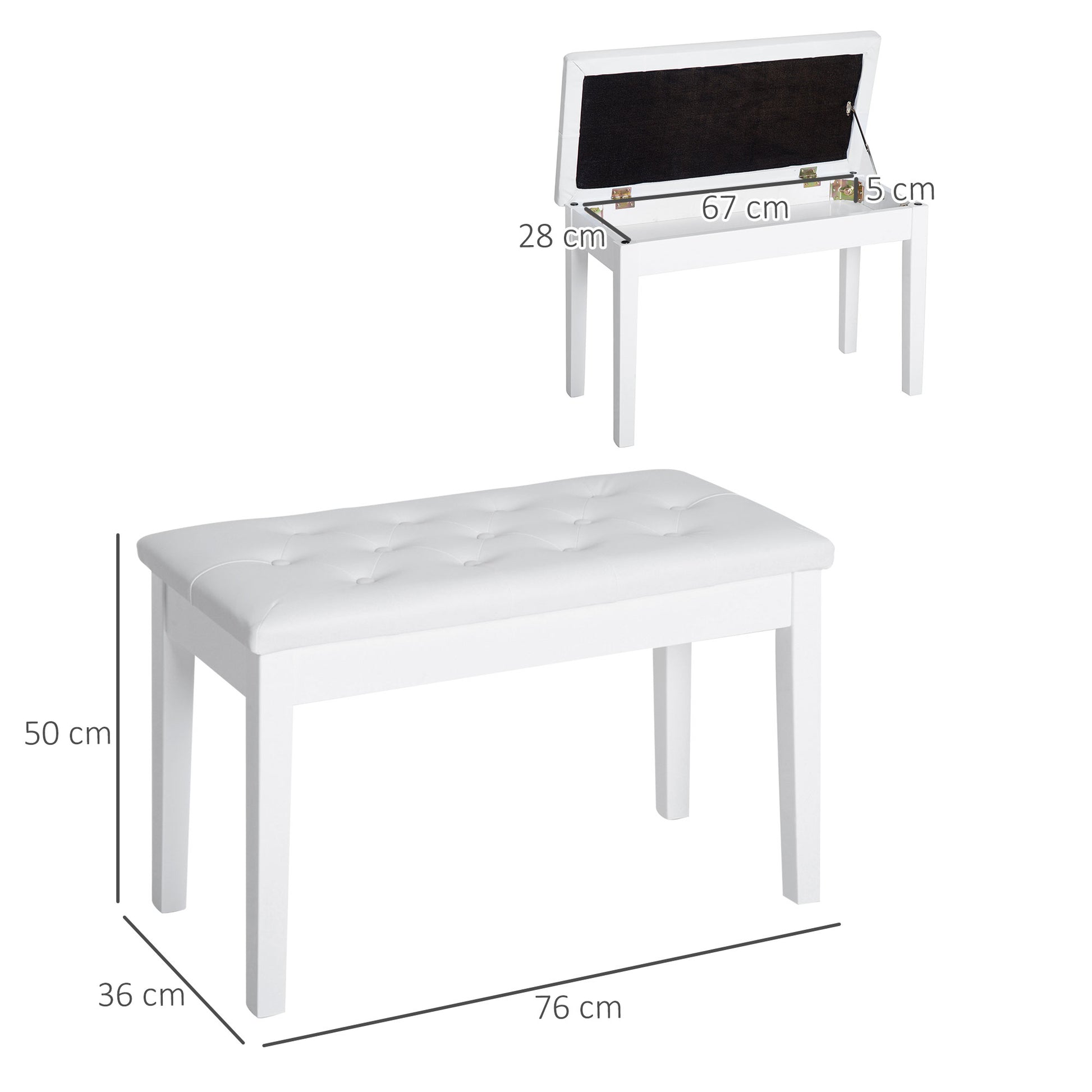 Piano Bench with Hidden Storage, Piano Stool with Faux Leather Cushion, Pianobench, Solid Wood Keyboard Bench for Piano, Keyboard, 76 x 36 x 50 cm, White