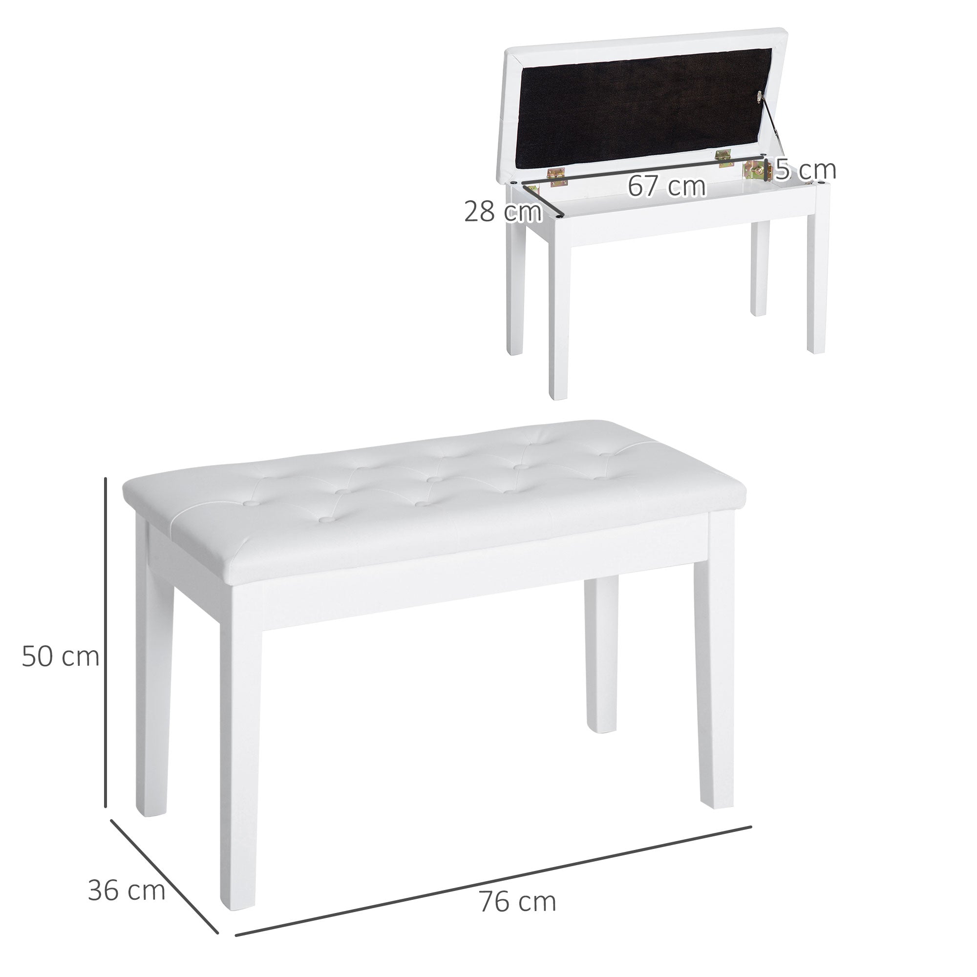 Piano Bench with Hidden Storage, Piano Stool with Faux Leather Cushion, Pianobench, Solid Wood Keyboard Bench for Piano, Keyboard, 76 x 36 x 50 cm, White