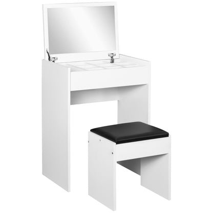 Foldable Dressing Table with Mirror, Modern Makeup Table, with Stool, Storage Compartment (10 Compartments), White MDF, 60.2 x 40.2 x 79cm