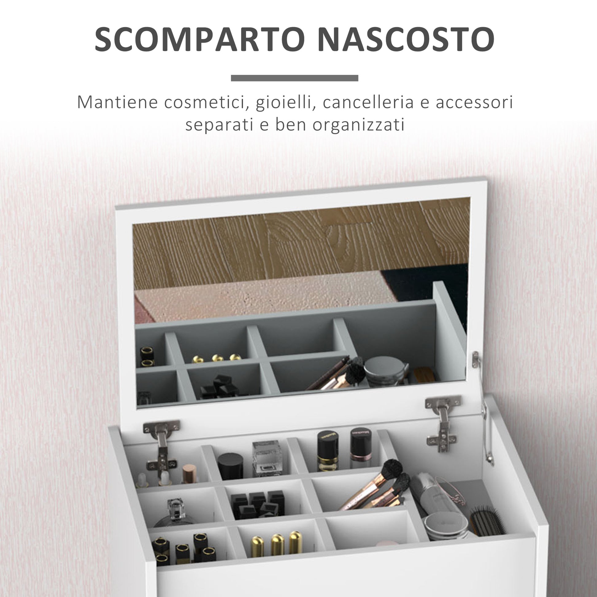 Foldable Dressing Table with Mirror, Modern Makeup Table, with Stool, Storage Compartment (10 Compartments), White MDF, 60.2 x 40.2 x 79cm