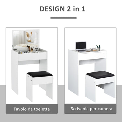 Foldable Dressing Table with Mirror, Modern Makeup Table, with Stool, Storage Compartment (10 Compartments), White MDF, 60.2 x 40.2 x 79cm