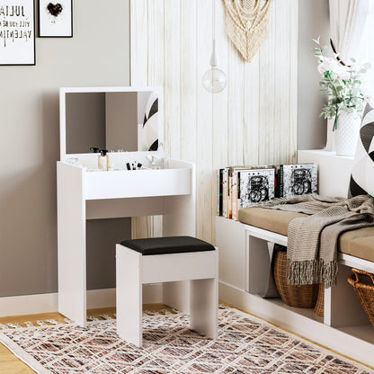 Foldable Dressing Table with Mirror, Modern Makeup Table, with Stool, Storage Compartment (10 Compartments), White MDF, 60.2 x 40.2 x 79cm