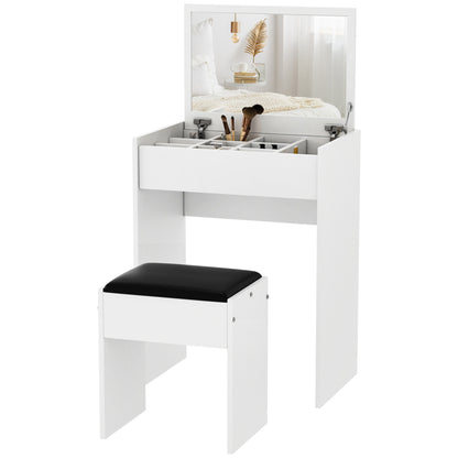 Foldable Dressing Table with Mirror, Modern Makeup Table, with Stool, Storage Compartment (10 Compartments), White MDF, 60.2 x 40.2 x 79cm