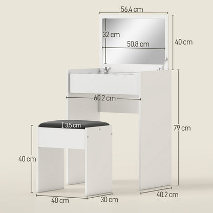 Foldable Dressing Table with Mirror, Modern Makeup Table, with Stool, Storage Compartment (10 Compartments), White MDF, 60.2 x 40.2 x 79cm