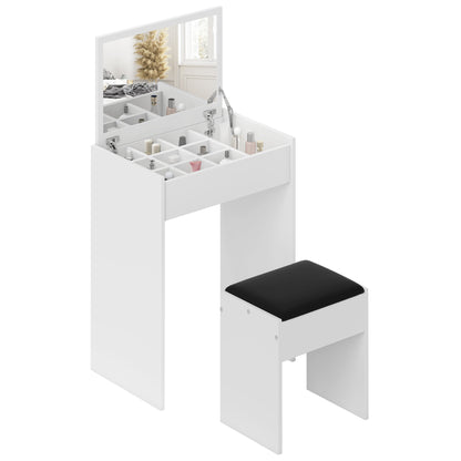 Foldable Dressing Table with Mirror, Modern Makeup Table, with Stool, Storage Compartment (10 Compartments), White MDF, 60.2 x 40.2 x 79cm