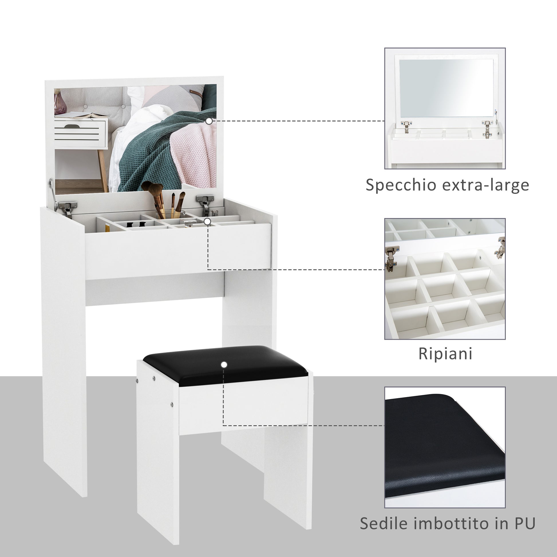 Foldable Dressing Table with Mirror, Modern Makeup Table, with Stool, Storage Compartment (10 Compartments), White MDF, 60.2 x 40.2 x 79cm