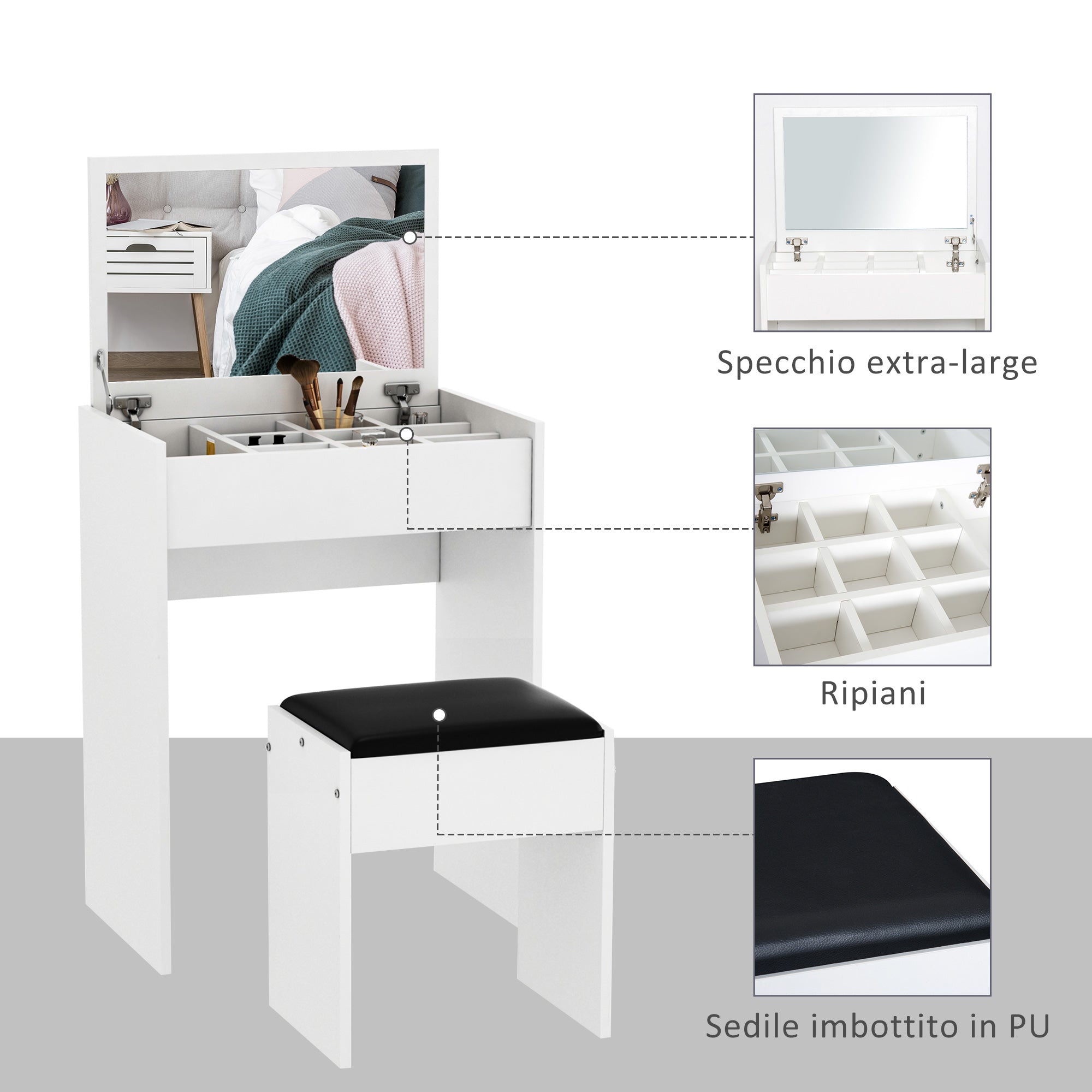 Foldable Dressing Table with Mirror, Modern Makeup Table, with Stool, Storage Compartment (10 Compartments), White MDF, 60.2 x 40.2 x 79cm