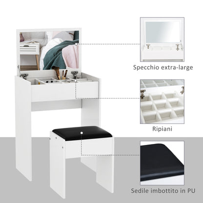 Foldable Dressing Table with Mirror, Modern Makeup Table, with Stool, Storage Compartment (10 Compartments), White MDF, 60.2 x 40.2 x 79cm