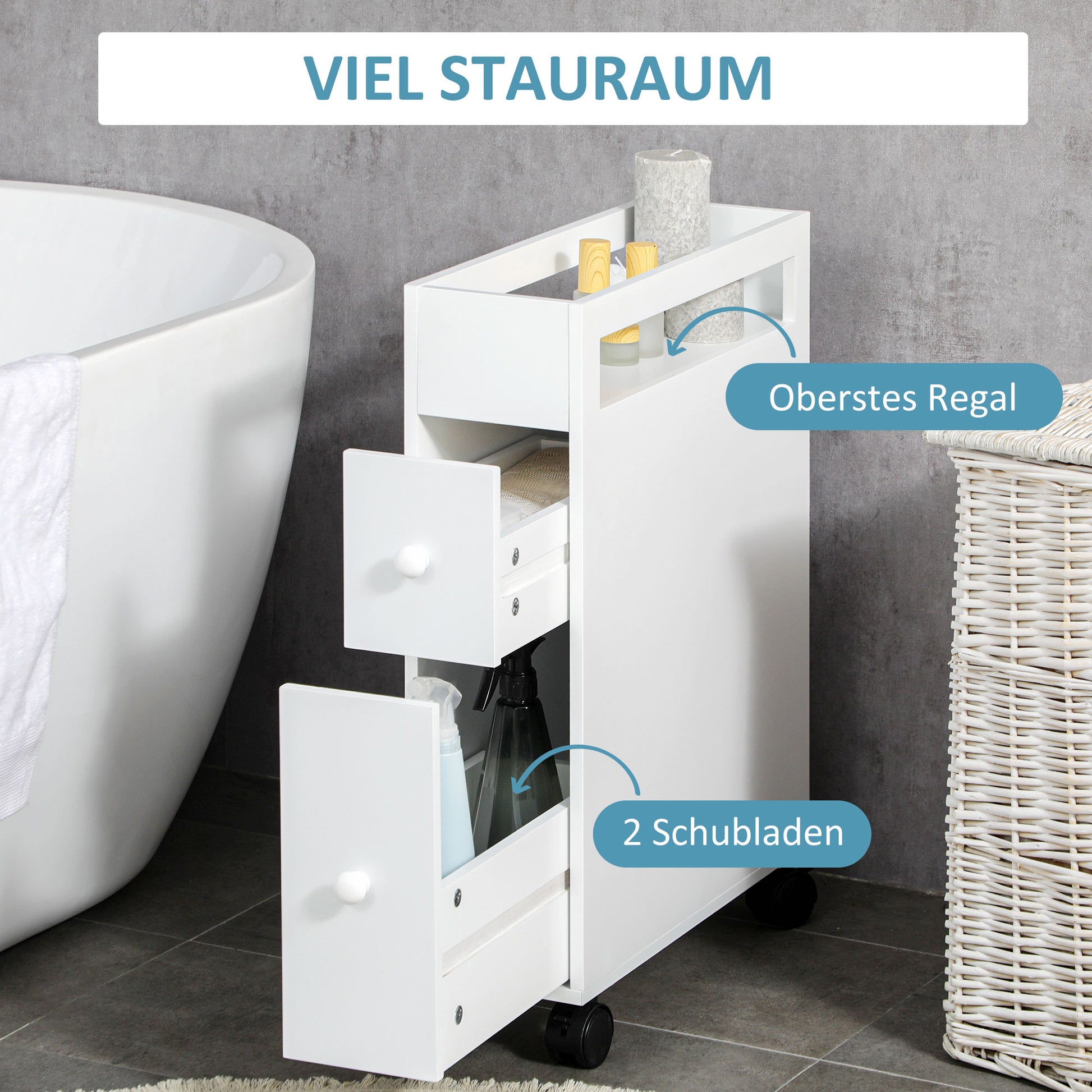 Bathroom Cabinet Narrow Niche Cabinet with Drawer on Wheels, Bathroom Cabinet Toilet Cabinet Side Cabinet for Bathroom, Small Spaces, 16 x 49.5 x 66 cm, White
