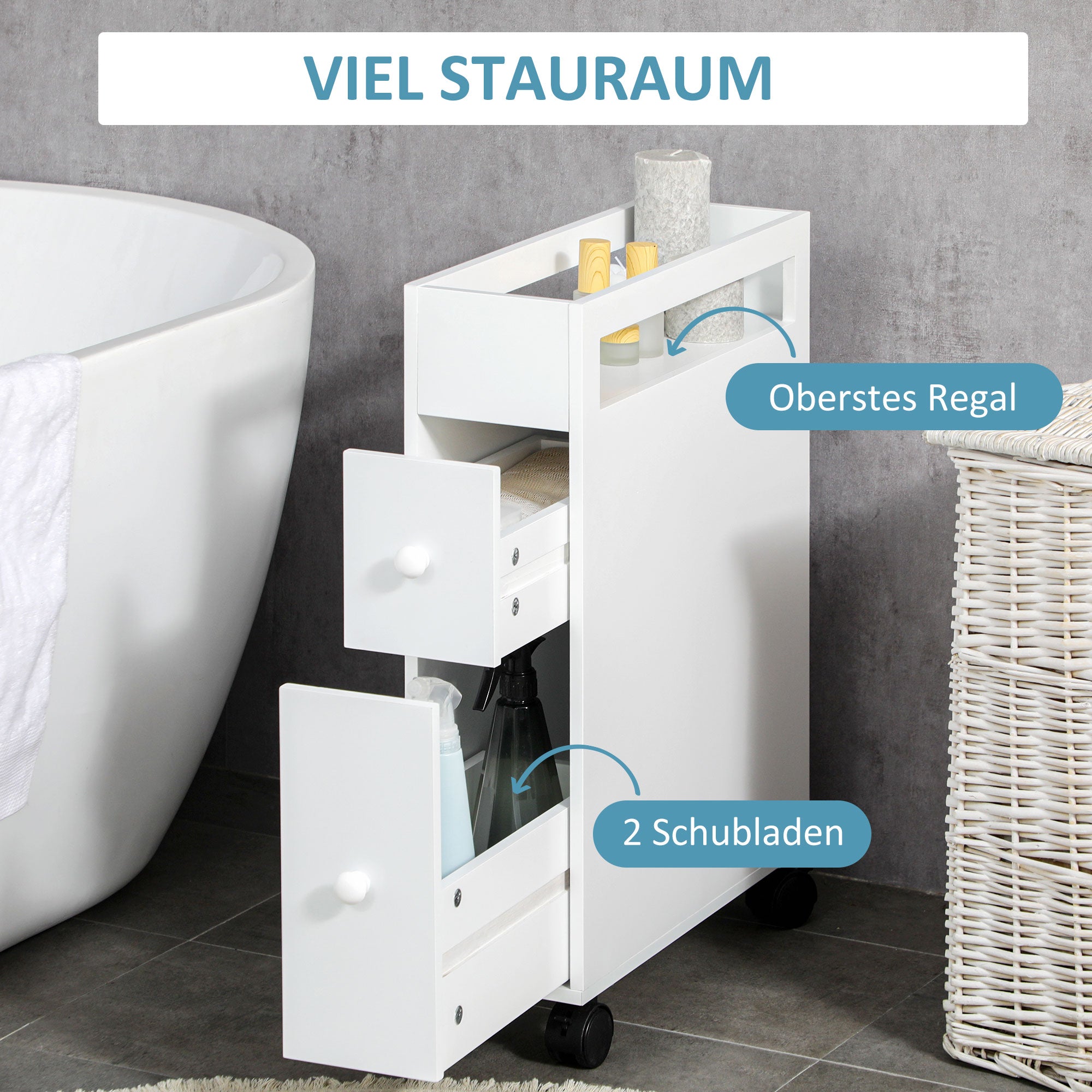 Bathroom Cabinet Narrow Niche Cabinet with Drawer on Wheels, Bathroom Cabinet Toilet Cabinet Side Cabinet for Bathroom, Small Spaces, 16 x 49.5 x 66 cm, White