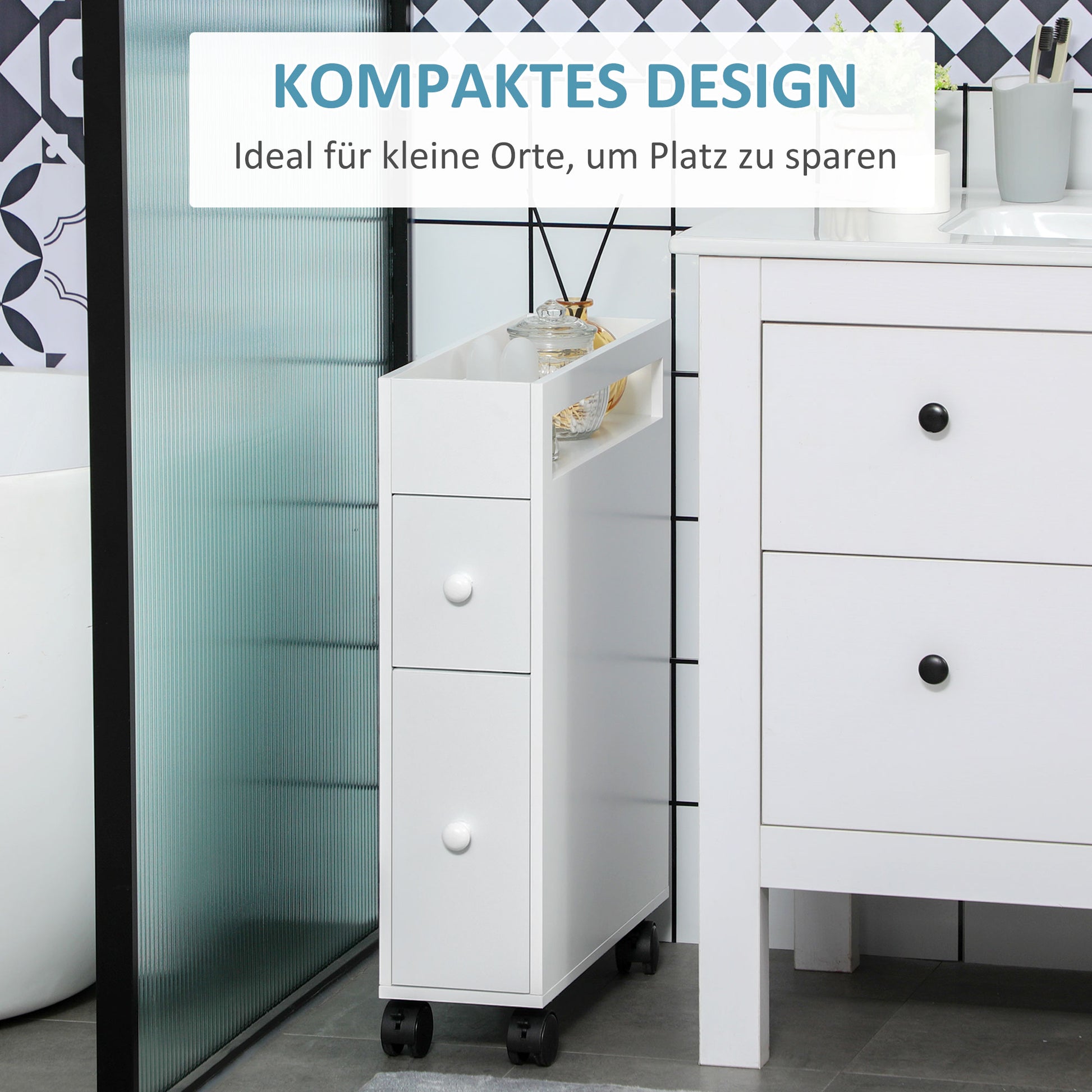 Bathroom Cabinet Narrow Niche Cabinet with Drawer on Wheels, Bathroom Cabinet Toilet Cabinet Side Cabinet for Bathroom, Small Spaces, 16 x 49.5 x 66 cm, White