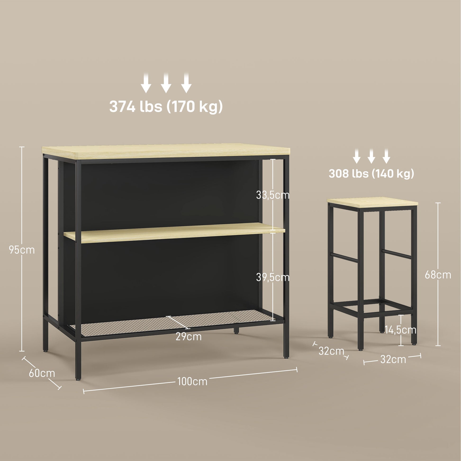 Bar Table with Bar Stool Set, 3-piece Bar Table Set including Kitchen Table with 2 Bar Stools, 2 Shelves, Dining Set in Modern Style, for Kitchen, Dining Room, Steel, Oak