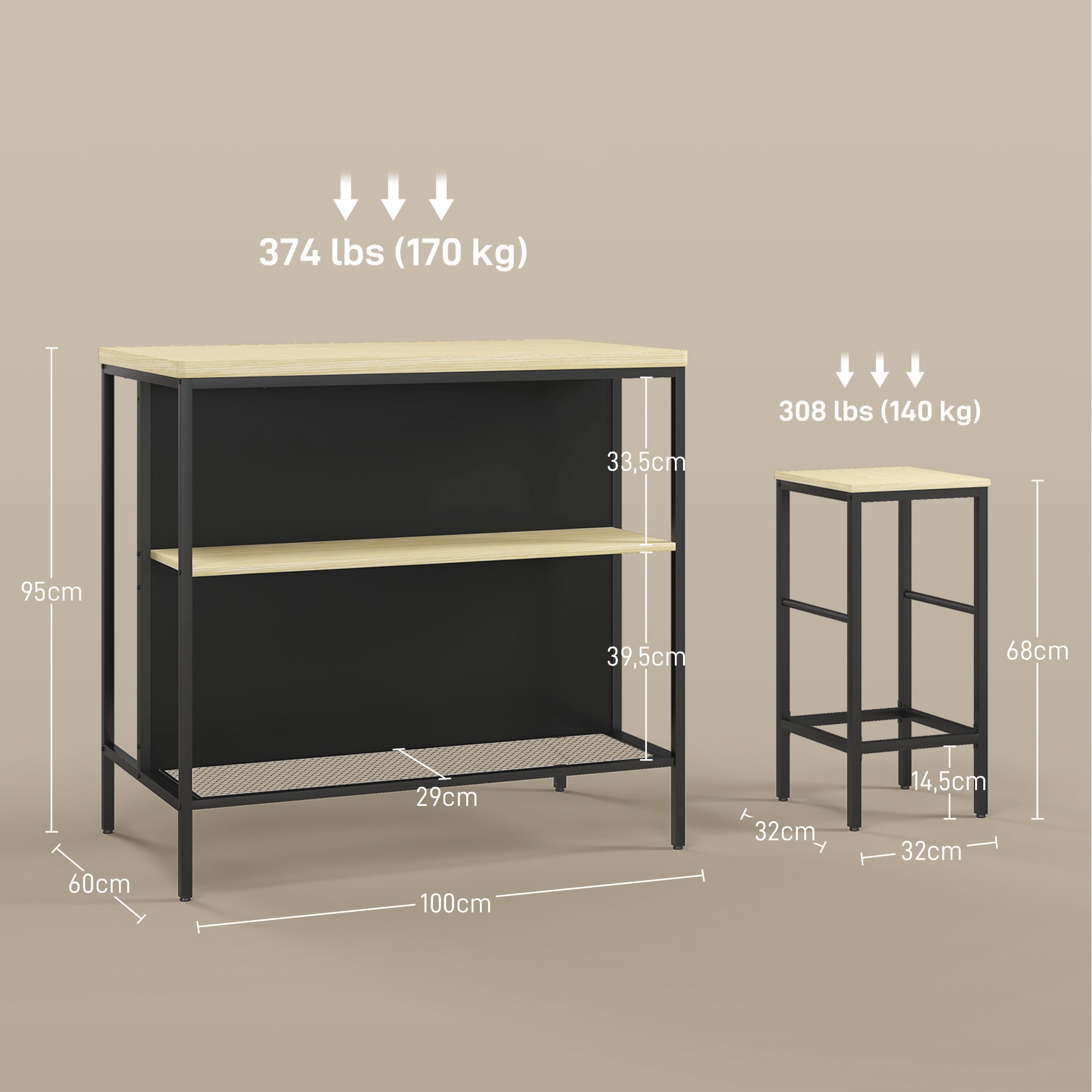 Bar Table with Bar Stool Set, 3-piece Bar Table Set including Kitchen Table with 2 Bar Stools, 2 Shelves, Dining Set in Modern Style, for Kitchen, Dining Room, Steel, Oak