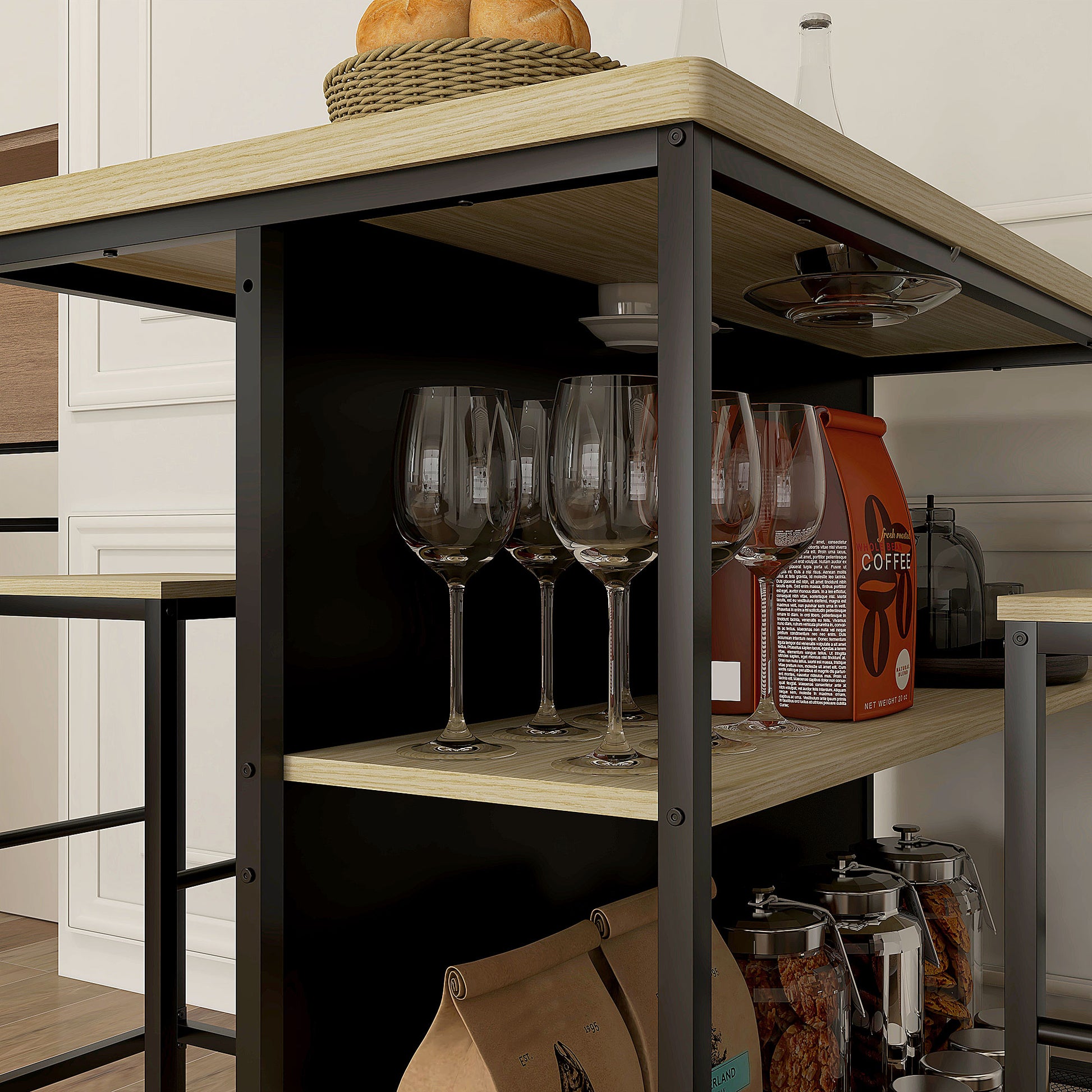 Bar Table with Bar Stool Set, 3-piece Bar Table Set including Kitchen Table with 2 Bar Stools, 2 Shelves, Dining Set in Modern Style, for Kitchen, Dining Room, Steel, Oak
