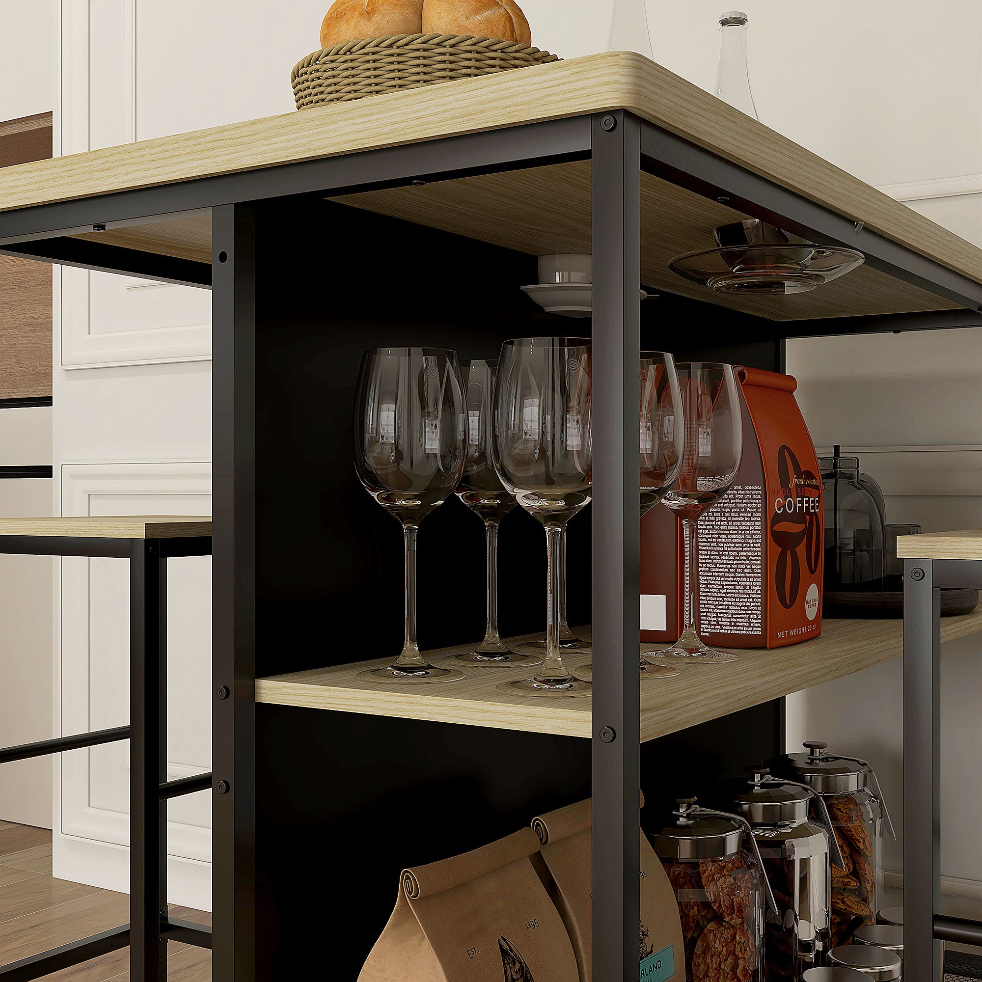 Bar Table with Bar Stool Set, 3-piece Bar Table Set including Kitchen Table with 2 Bar Stools, 2 Shelves, Dining Set in Modern Style, for Kitchen, Dining Room, Steel, Oak