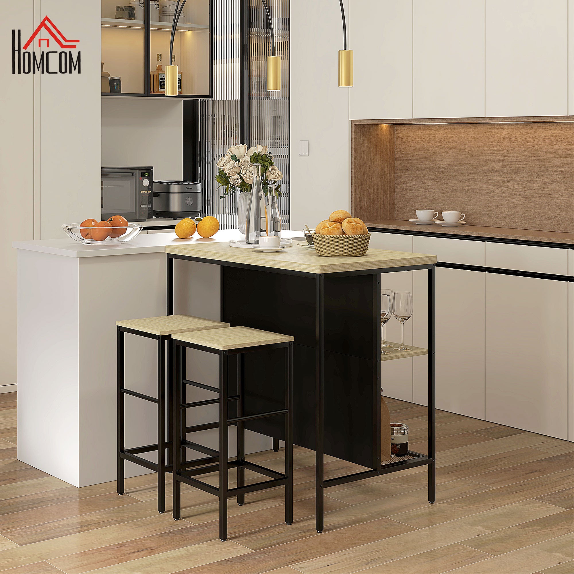 Bar Table with Bar Stool Set, 3-piece Bar Table Set including Kitchen Table with 2 Bar Stools, 2 Shelves, Dining Set in Modern Style, for Kitchen, Dining Room, Steel, Oak