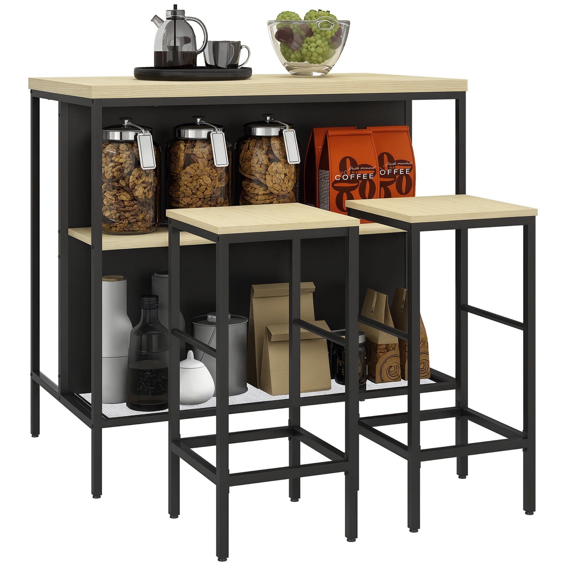 Bar Table with Bar Stool Set, 3-piece Bar Table Set including Kitchen Table with 2 Bar Stools, 2 Shelves, Dining Set in Modern Style, for Kitchen, Dining Room, Steel, Oak