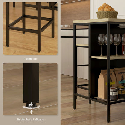 Bar Table with Bar Stool Set, 3-piece Bar Table Set including Kitchen Table with 2 Bar Stools, 2 Shelves, Dining Set in Modern Style, for Kitchen, Dining Room, Steel, Oak